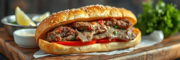 Savory sandwich with grilled meat, fresh vegetables, and rich sauce served on a wooden platter photo