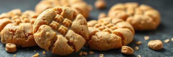 Freshly baked peanut butter cookies arranged on a dark surface with scattered crumbs from baking session photo