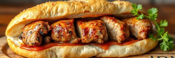 Juicy grilled meat sandwich served with sauce and herbs on a wooden board at a casual eatery photo