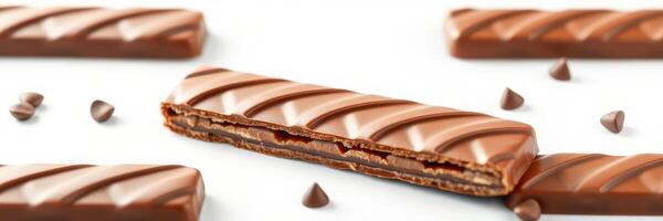 Delicious chocolate wafer bars arranged with a broken piece revealing creamy filling photo