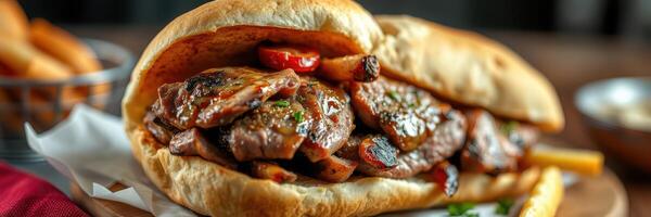 Delicious sandwich filled with juicy grilled meat and fresh vegetables served with fries photo