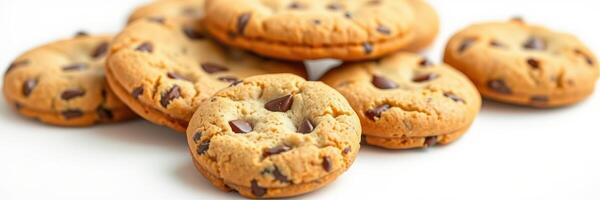 Freshly baked chocolate chip cookies arranged on a white background ready to be enjoyed in a warm and inviting kitchen setting photo