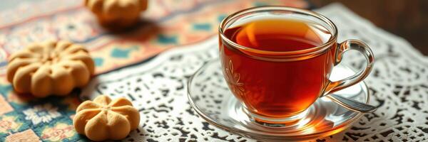 Delightful tea served with traditional cookies on an intricate table setting in a cozy atmosphere photo