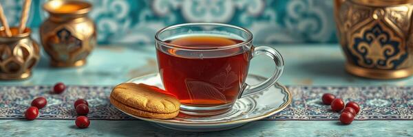 Warm tea served with a cookie on a decorative plate with a patterned background in a cozy setting photo