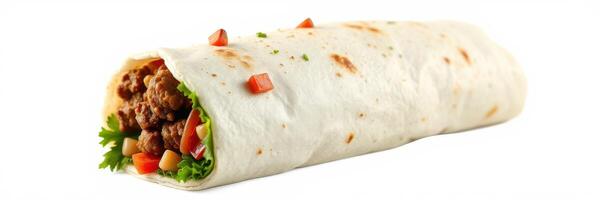 Burrito filled with seasoned meat and fresh vegetables on a plain background displayed at a casual dining establishment photo