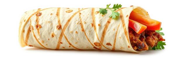 Delicious wrap filled with seasoned meat and fresh vegetables served on a plain background photo