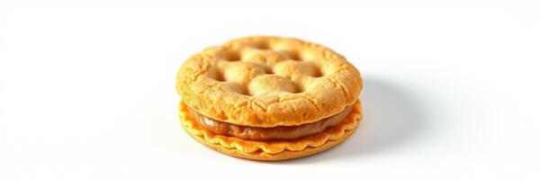 Tasty dessert featuring a golden-brown cookie sandwich filled with creamy caramel photo
