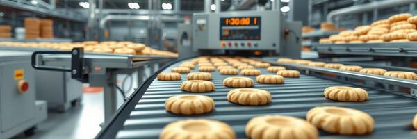 Cookies bake on a conveyor belt in a modern industrial bakery during daytime photo