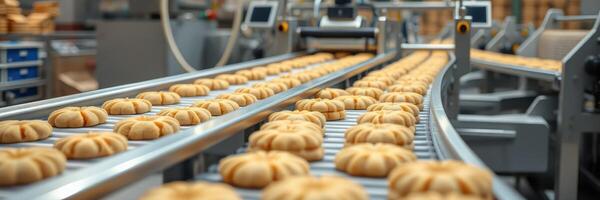 Cookies being produced on a conveyor belt in a bakery factory during daytime photo