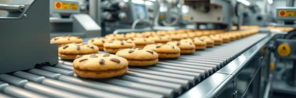 Cookie production process in a modern factory showing freshly baked treats on a conveyor belt photo