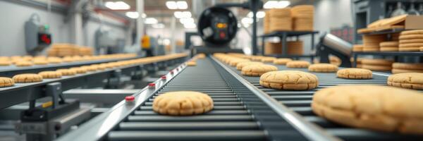 Cookies traveling on a conveyor belt in a modern bakery during the daytime production process photo