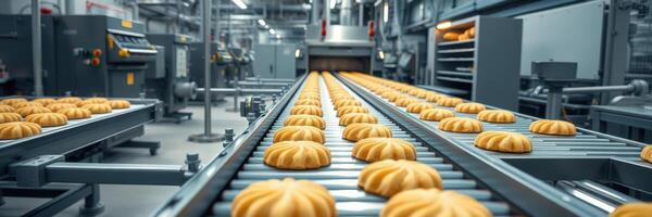 Bakery production line with freshly baked goods moving on conveyor belts in a modern facility photo