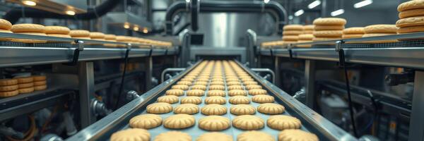 Conveyor belt filled with freshly baked cookies in a commercial bakery during daytime operations photo