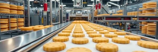 Cheese production line efficiently processing round cheese wheels in a modern facility photo
