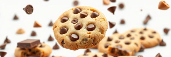 Freshly baked chocolate chip cookies with chocolate pieces floating and scattered around photo