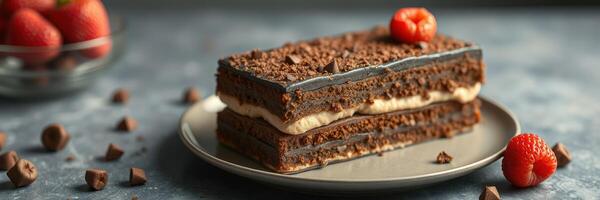 Delicious chocolate layer cake garnished with fresh raspberries and chocolate pieces on a grey table photo