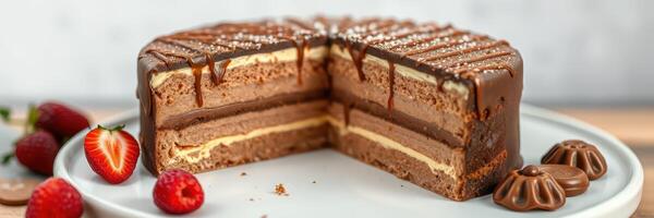 Rich chocolate cake with layers and fresh berries served on a wooden table photo