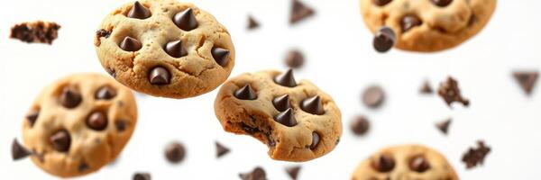 Chocolate chip cookies flying in the air with chocolate chunks scattered around photo