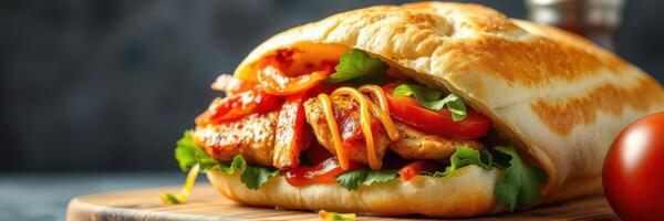 Freshly made sandwich with grilled chicken, vegetables, and sauces displayed on a wooden board photo