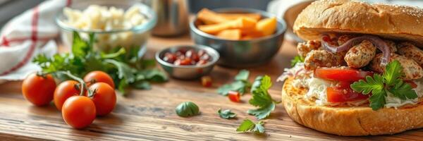 Delicious sandwich with chicken, fresh vegetables, and sides on a wooden table in a cozy kitchen setting photo