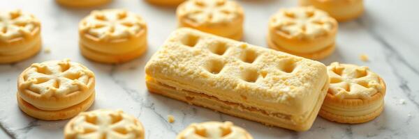 Colorful cookies and wafers on a marble surface during an afternoon gathering photo