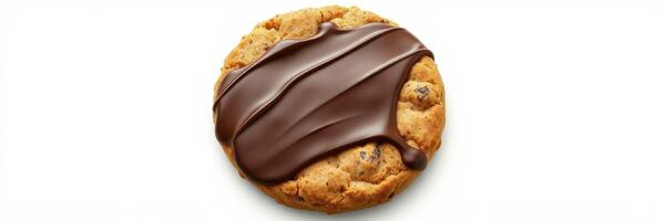 Delicious chocolate-covered cookie on a white background with visible chocolate drizzle and a cookie base photo