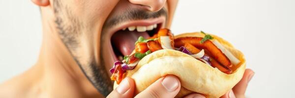 Enjoying a delicious sandwich filled with fresh vegetables and savory sauce during a casual meal at home photo