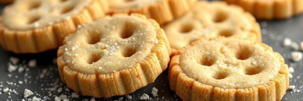 Delicious cookies with unique designs and powdered sugar on a dark background ready to be enjoyed photo
