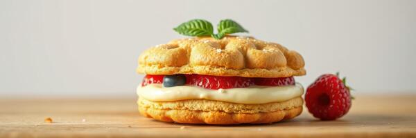 Delicious dessert featuring a cream-filled waffle with strawberries and a mint leaf on a wooden surface photo