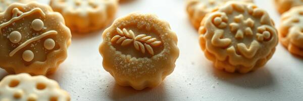 Delicious assortment of decorative cookies showcasing intricate designs and textures on a bright surface photo