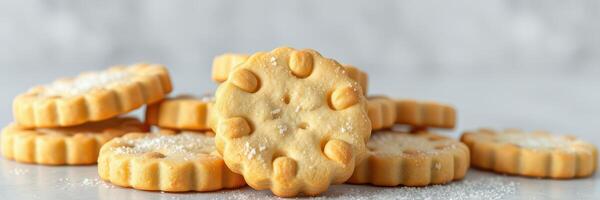 Freshly baked cookies arranged on a table topped with sugar in a cozy kitchen setting photo