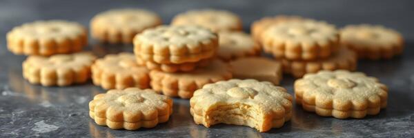 Delicious homemade butter cookies arranged on a gray surface with one cookie partially bitten photo
