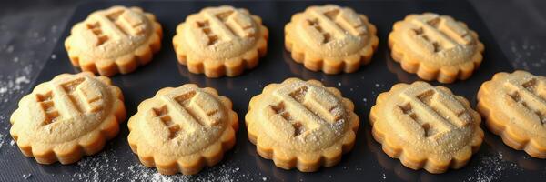 Freshly baked cookies featuring intricate designs arranged on a baking tray ready for serving photo
