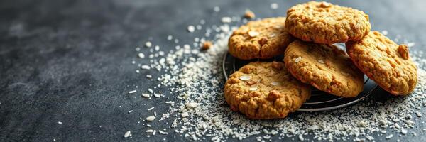 Freshly baked oatmeal cookies arranged on a black plate with sprinkled flakes on a dark surface photo