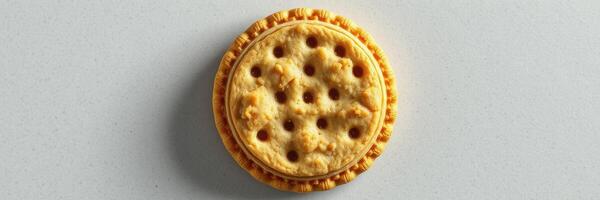 Unique round baked snack with perforated design on a light background presenting an intriguing texture and color photo