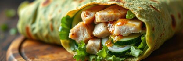 Freshly prepared chicken wrap with greens and sauce on a wooden surface photo