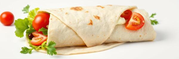 Fresh tortilla wrap filled with tomatoes and greens on a plain background photo