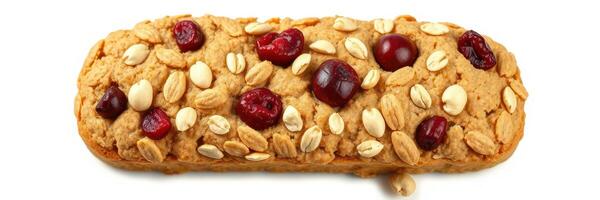 Healthy oat and cranberry snack bar made with natural ingredients and rich in fiber photo