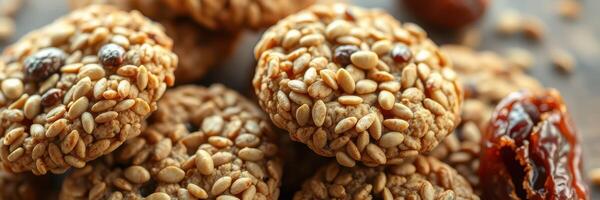 Sesame cookies with raisins on a wooden surface showcasing a delicious homemade snack photo