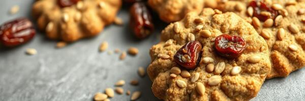 Delicious oat cookies with dried fruits and seeds on a textured surface photo