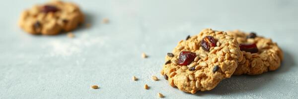 Delightful homemade oatmeal cookies with seeds and dried fruits on a light background photo