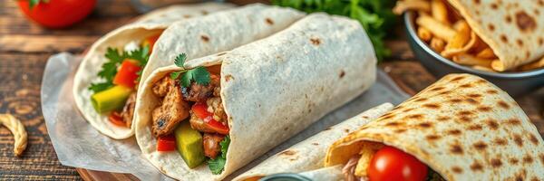 Delicious wraps filled with grilled chicken, fresh vegetables, and spices served on a wooden table photo