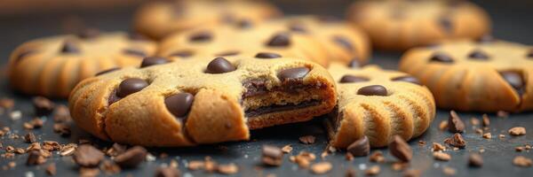 Freshly baked chocolate chip cookies placed on a dark surface with chocolate chunks scattered nearby photo