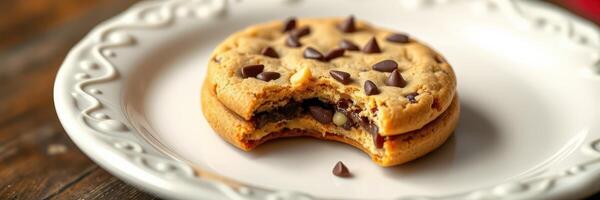 Delicious chocolate chip cookie on a decorative plate with a bite taken out photo