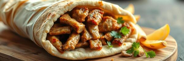 Delicious wrap filled with savory meat and fresh herbs served on a wooden board in a rustic setting photo