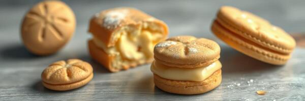 Delicious assortment of cream-filled cookies arranged on a wooden surface in bright natural light photo