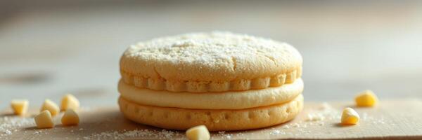 Delicate cream-filled cookies dusted with powdered sugar served on a wooden board photo