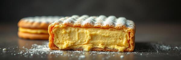 Creamy dessert with layers of pastry and filling served on a wooden table with powdered sugar dusting photo