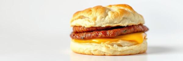 Savory breakfast sandwich with sausage and cheese on a flaky biscuit served on a plain background photo