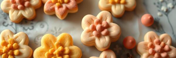 Colorful flower-shaped cookies arranged on a decorative plate for a festive celebration or gathering photo